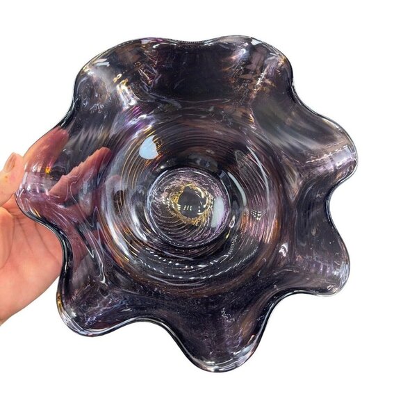 Hand Blown Chrome Iridescent Purple Art Glass Bowl Dish Ruffled Edge Large Bowl - Picture 12 of 16